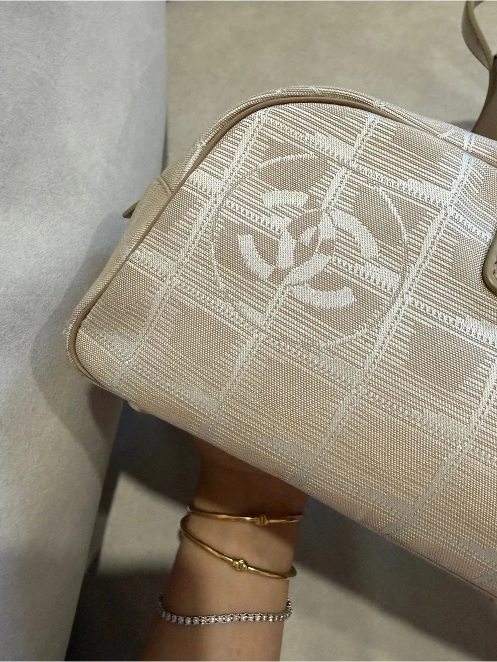 CHANEL Beige Logo Jacquard Satchel with Tan Leather Handles